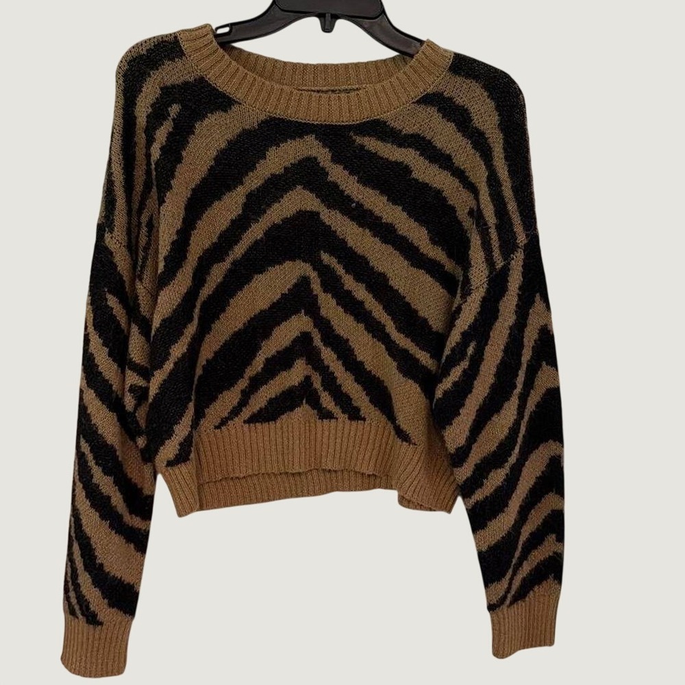 American Eagle Zebra Print Cropped Sweater Tan Black Animal Crew Neck Small
